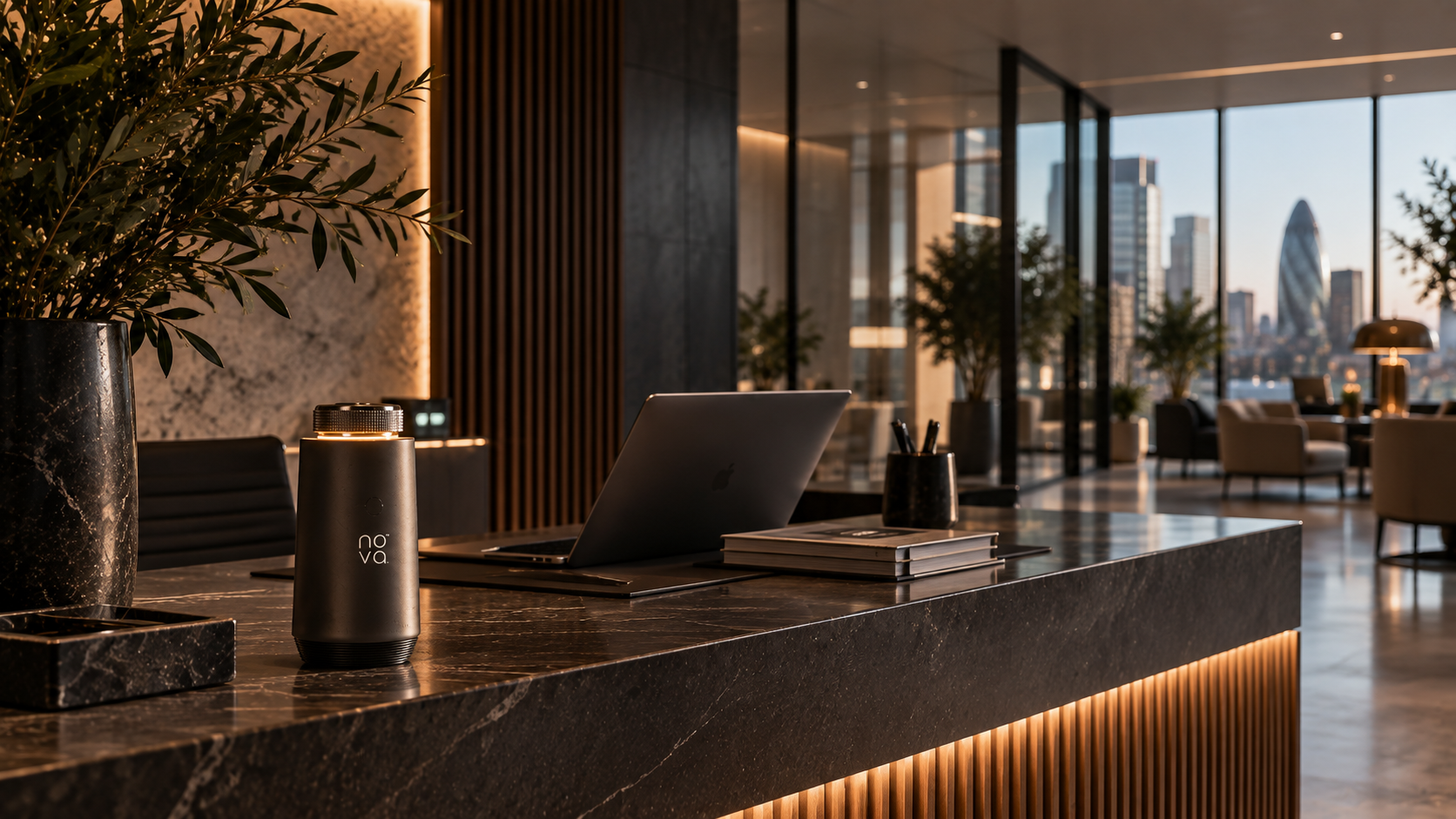 Beautifully designed premium office workspace — minimal, dark, considered environment