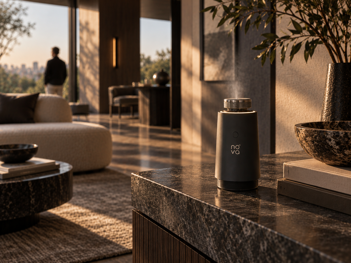 A quiet, sophisticated morning at home — natural light, architectural materials, the beginning of a day
